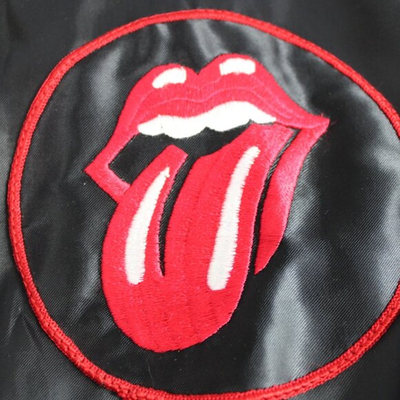 Vintage 80’s Roadie Rolling Stones Retro Black Red Sateen Bomber Jacket Size LG - Picture 7 of 9